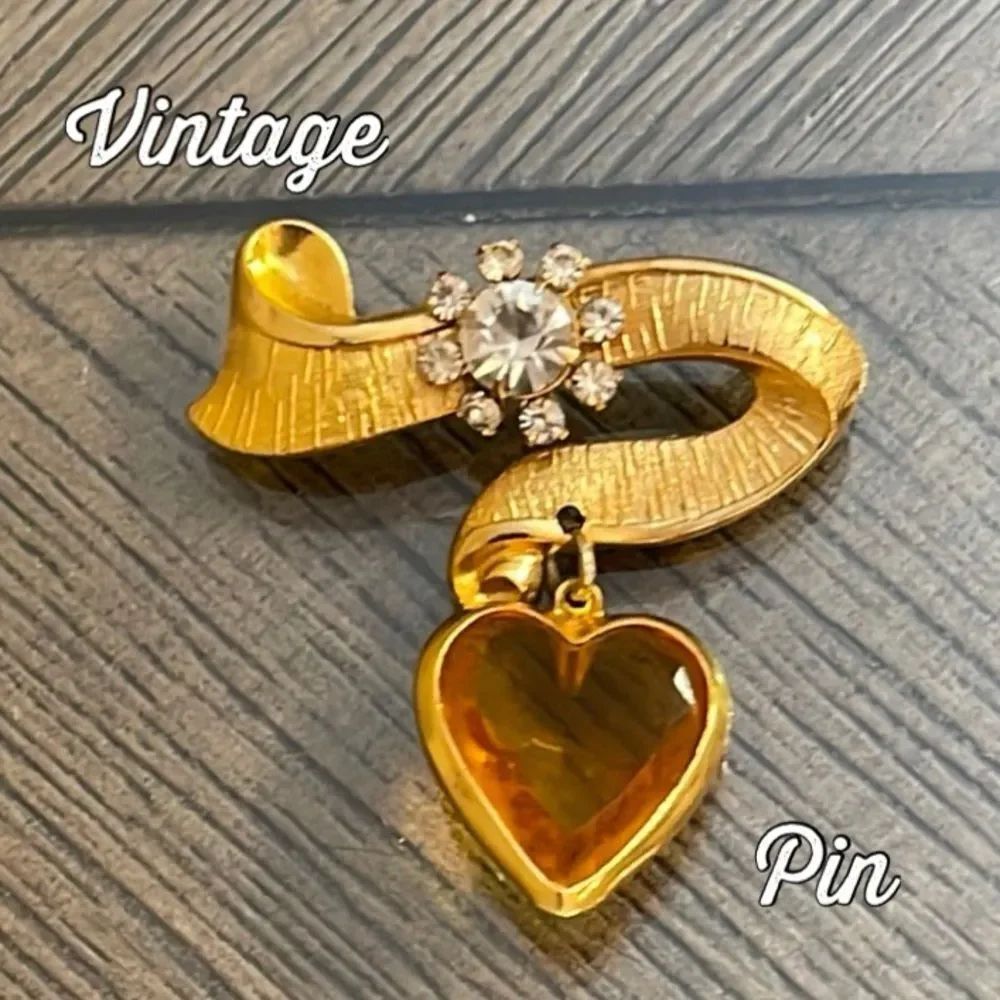 Vintage Gold-tone Ribbon with Rhinestones & Topaz Heart Charm